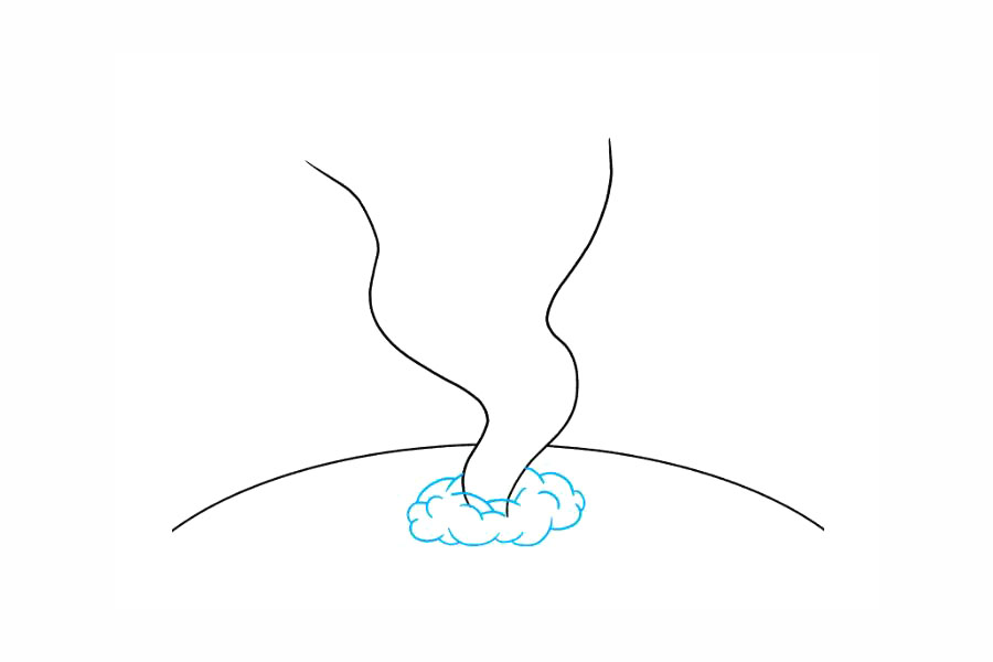 步骤3：使用一系列重叠的曲线将飓风的底部围成云状。然后，将飓风本身的线与重叠的曲线层连接起来。使用更多的曲线对云进行纹理处理。这代表了飓风下几千英尺处的强风。