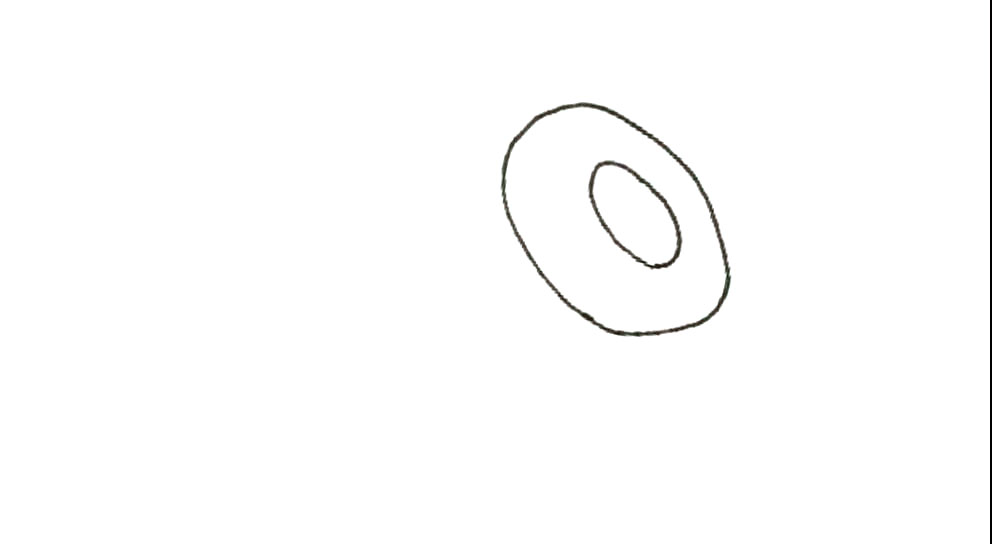 步骤1：在纸上先画上两个倾斜的椭圆形。