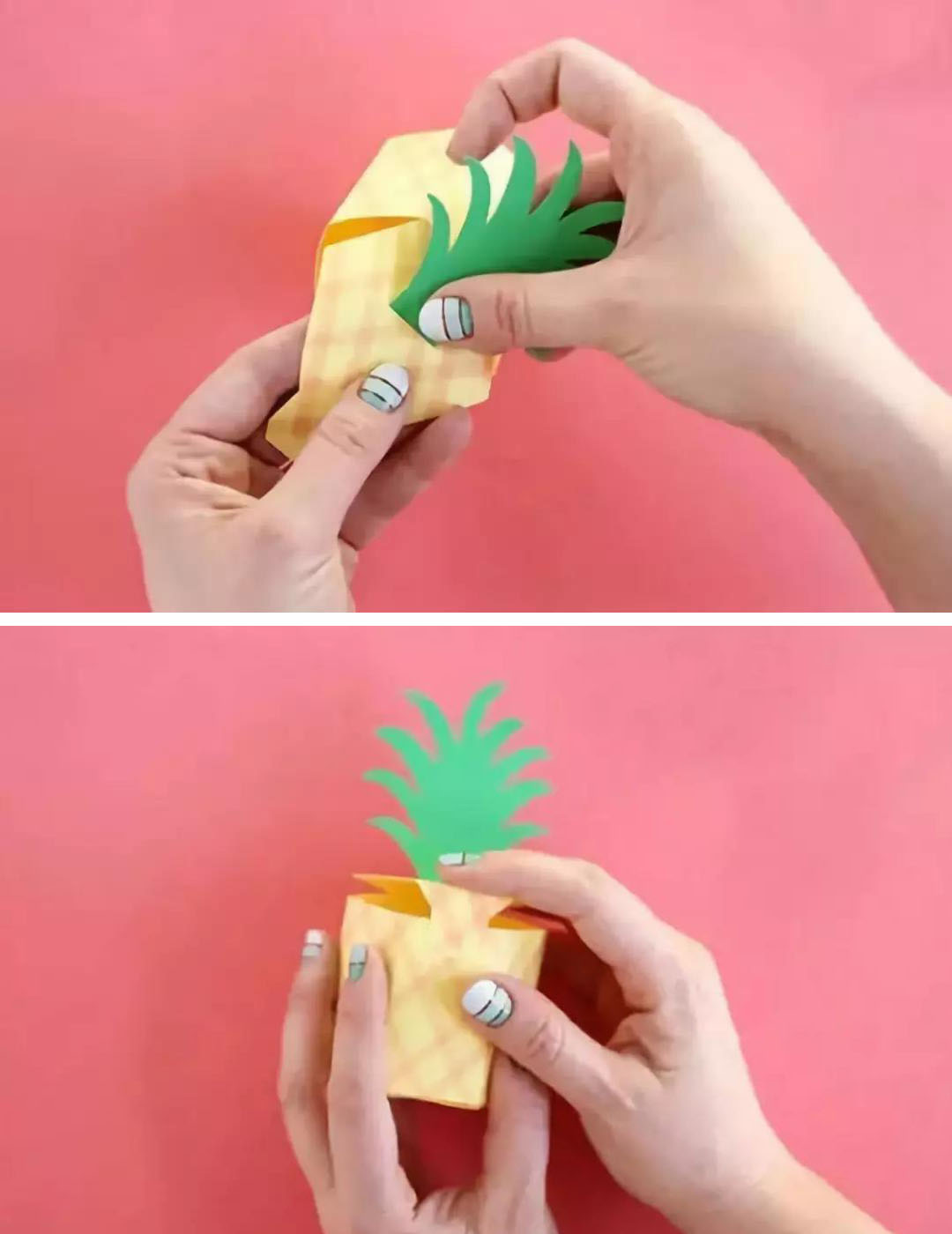 步骤5：在盒子顶部中间割一条缝隙，在把叶子装进去一部分，用粘合剂固定。