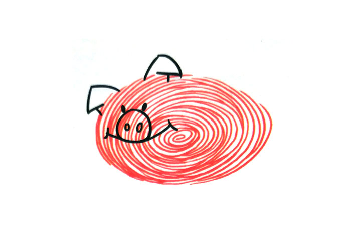 步骤2：画出两只耷拉着的耳朵尖，画上耳朵根。再画一个圆形的鼻子、两个鼻孔，画上微笑的大嘴巴，点上两只眼睛。