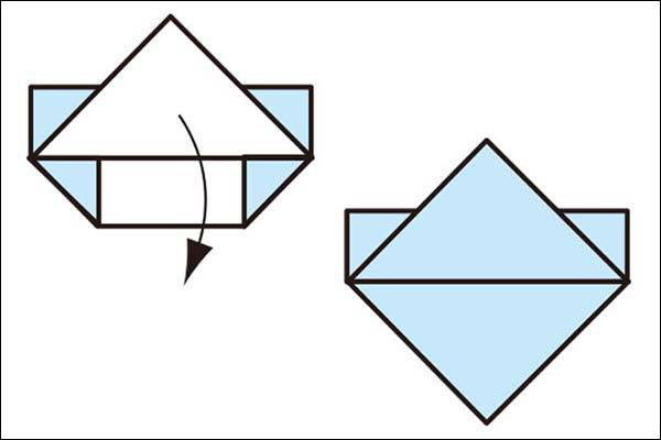 步骤4：将刚才折叠上去的大三角形放下来盖住左下右下折叠进去的小三角形。
