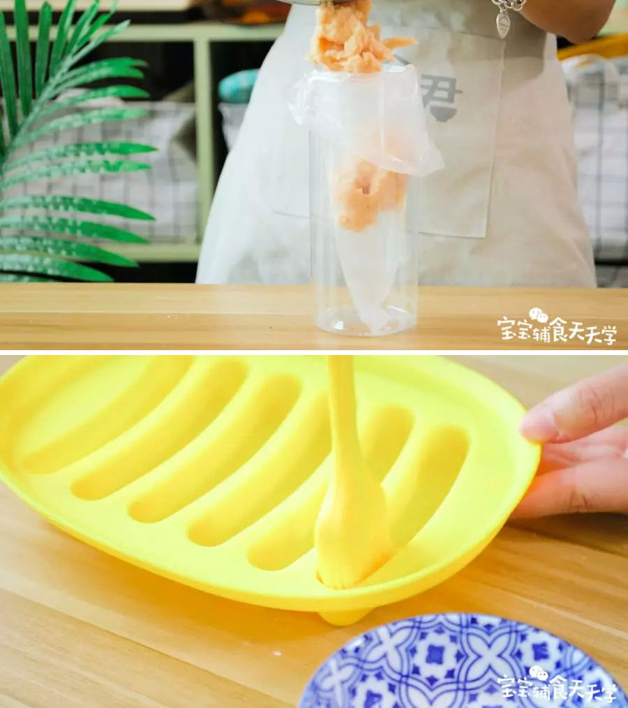 第6步：肉泥倒入裱花袋、香肠模具里涂一点油、往模具里挤入肉泥