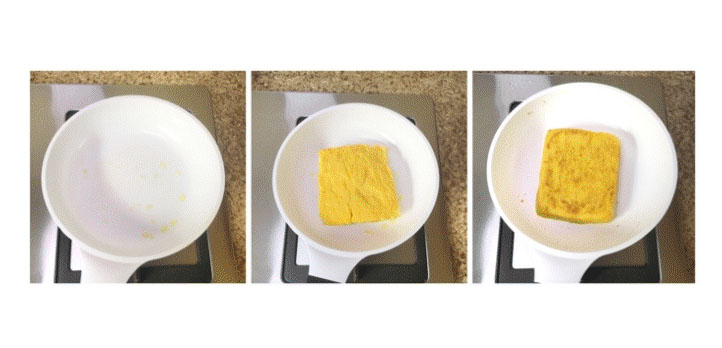 平底锅刷几滴宝宝食用油，全程小火，面包放入锅中，两面四边煎至金黄就出锅;