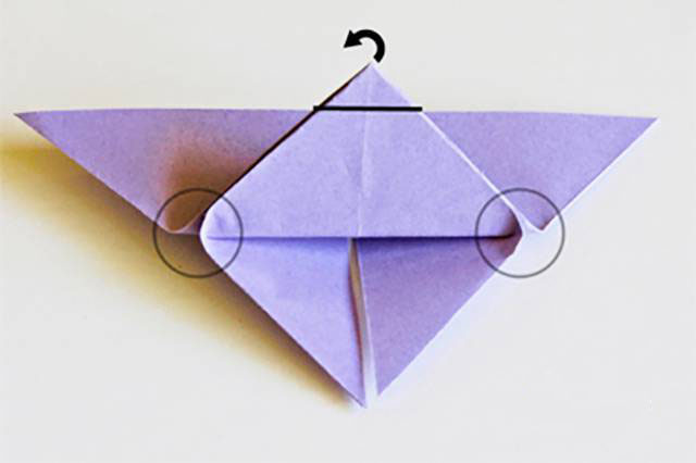 步骤8：将顶角向上折叠，让顶角稍微超过底边大概1厘米左右。因为顶角过度向上折叠，所以两侧纸张会向上拉伸(圆圈中所示)。