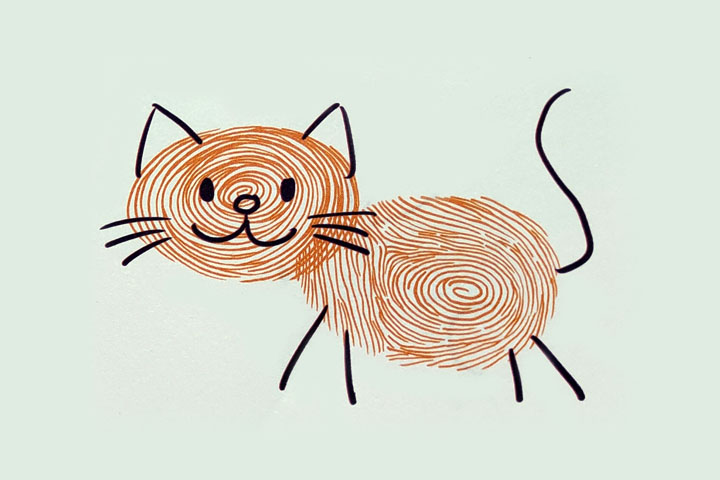 步骤4：画上几根胡须、四条腿，最后画上尾巴，小猫就完成啦。