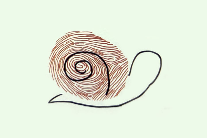 步骤2：画出壳上的螺旋纹，画蜗牛的头和身体。