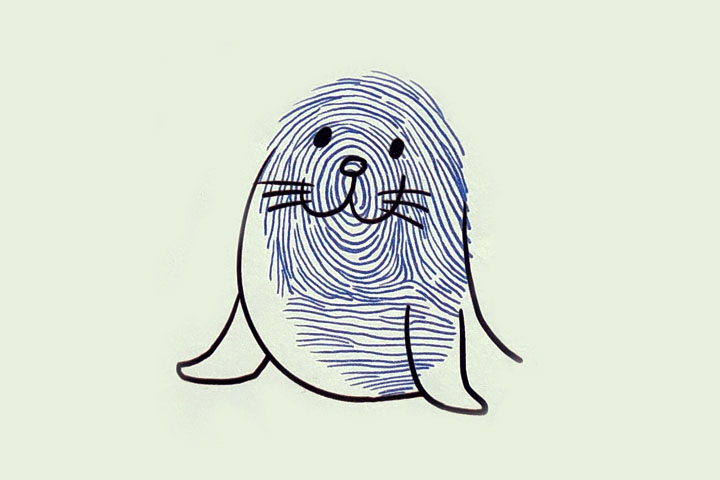 步骤2：画上眼睛、鼻子、嘴、胡须和两只前脚掌，然后勾出身体的轮廓。