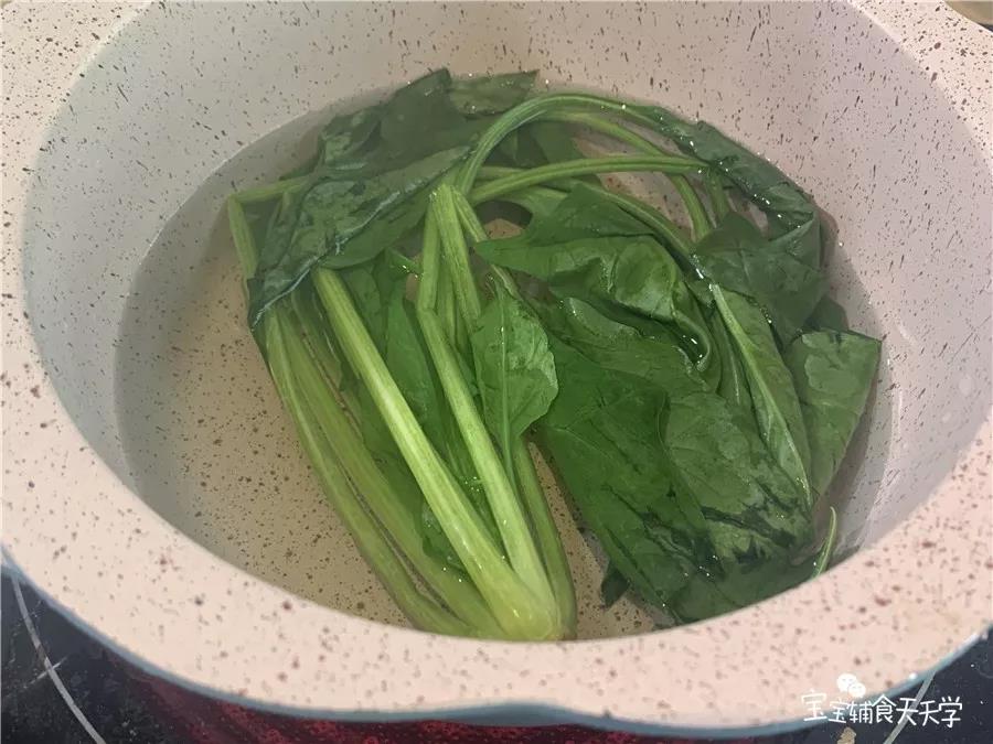 菠菜洗净、焯水煮熟，并切碎（菠菜中草酸含量较高，会影响钙质吸收，所以一定要焯水，就是沸水入锅煮一下）