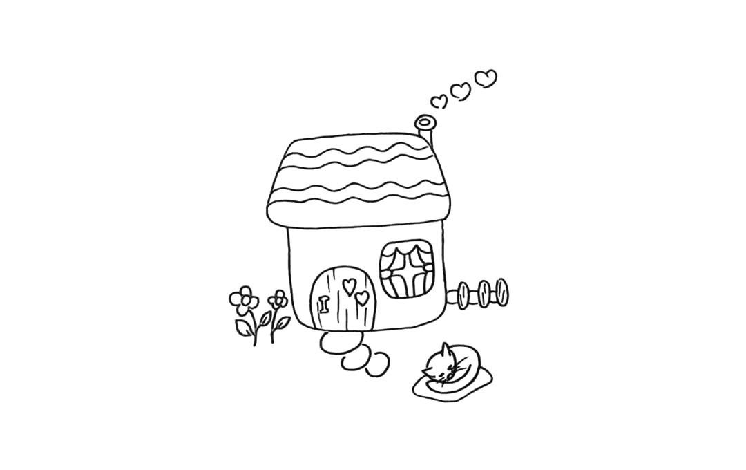 步骤10：然后在门前画出一只熟睡的猫咪。