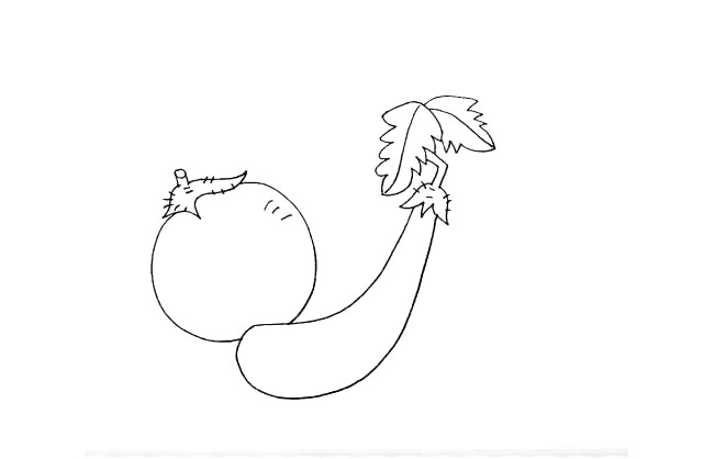 步骤7：再茄子的蒂上画出小刺和光泽部分。
