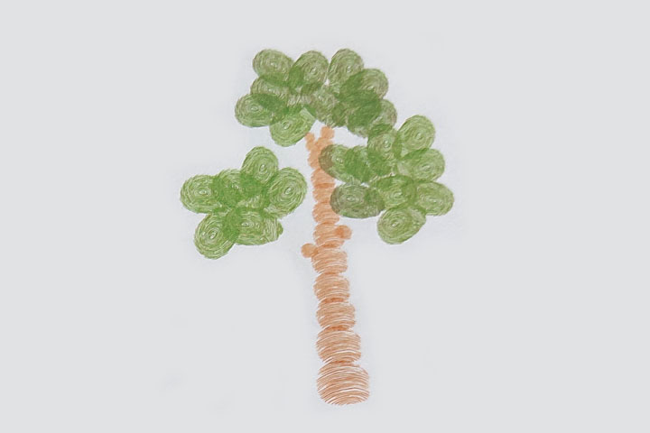 步骤2：继续印一竖排的指印作为树干，用指肚印很多椭圆形指印作茂密的树叶。