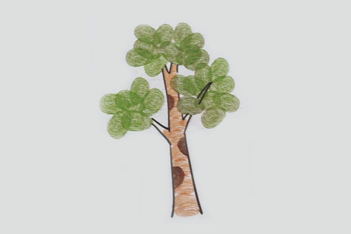 步骤4：印几个一半的指印在树干上。