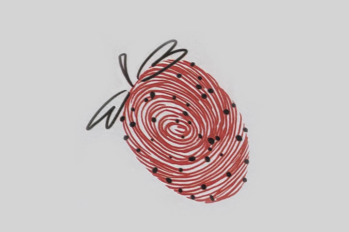 步骤3：画草莓把，点上表面的小黑点。