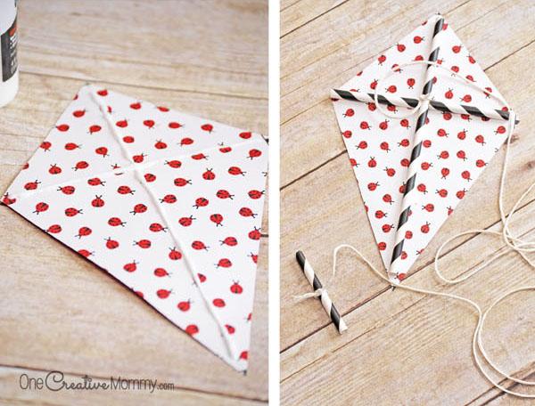 步骤3：在风筝形状中间画上一个十字架，在沿着十字架涂上胶水。将两根固定在十字架上，做出风筝的骨架。然后在十字架中间系上风筝线。