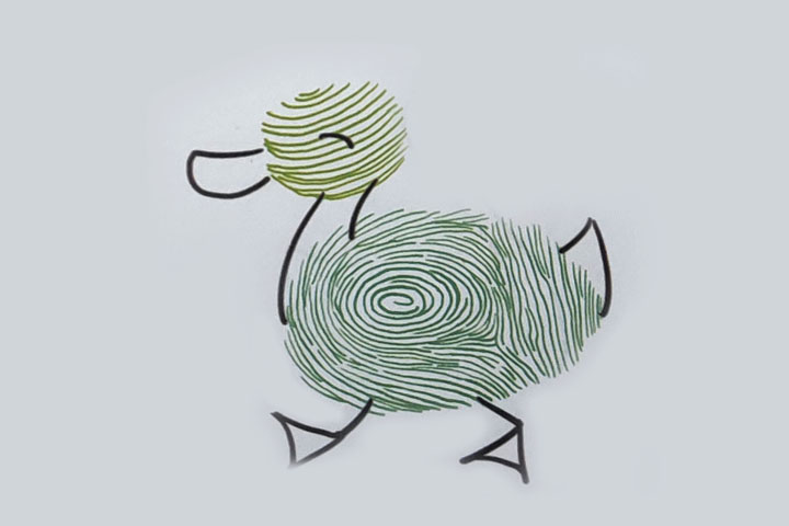 步骤4：画两条迈开步子的腿、前后两只脚掌和翘着的尾巴，最后画上眼睛。