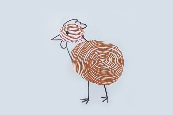 步骤3：在头上画一个尖尖的嘴、嗉囊、脖子和鸡冠，点上眼睛，画两条直立的腿和爪子。