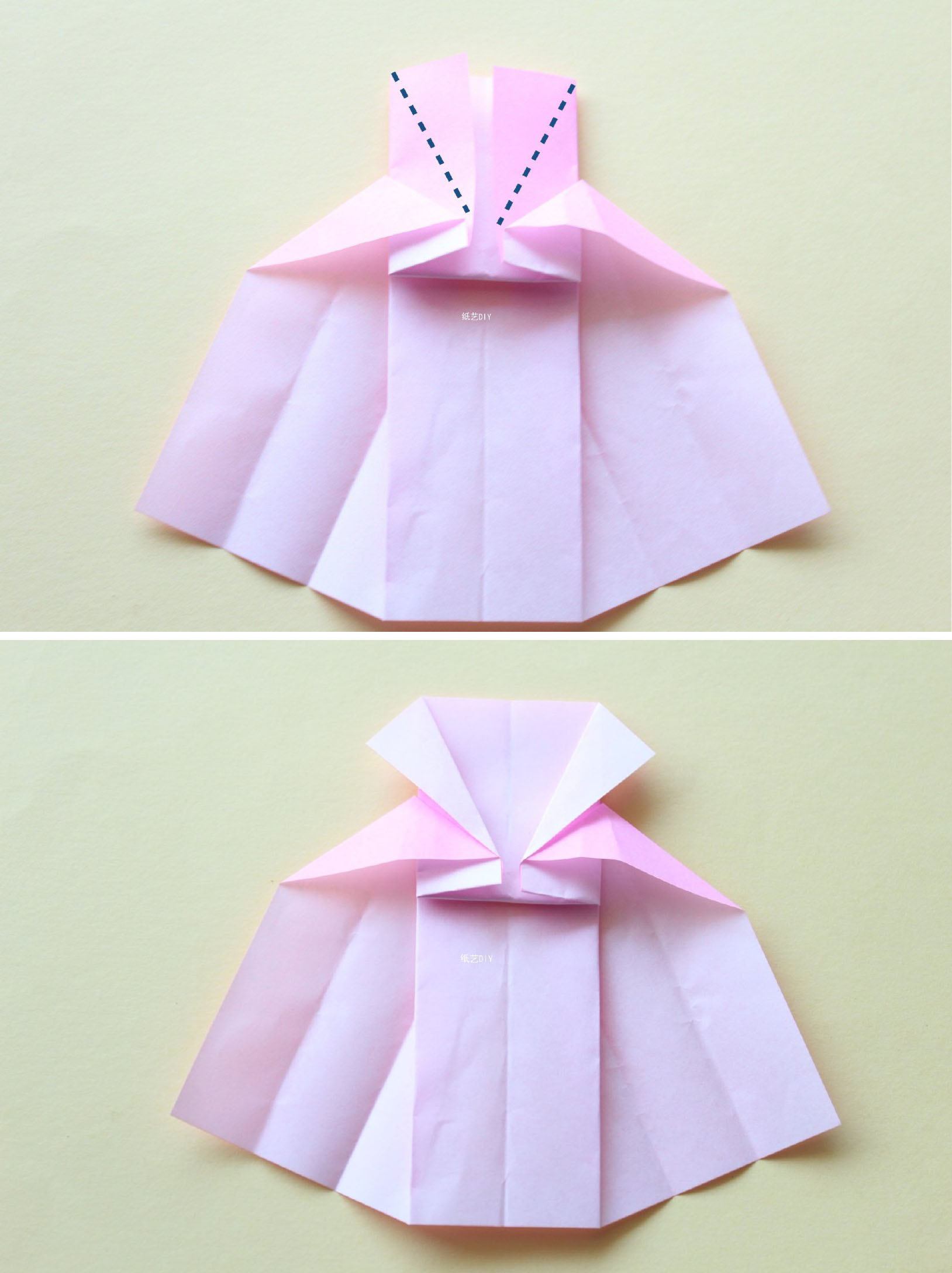 步骤13：将折叠好的折纸左右两侧沿着图中的虚线位置依次进行折叠。