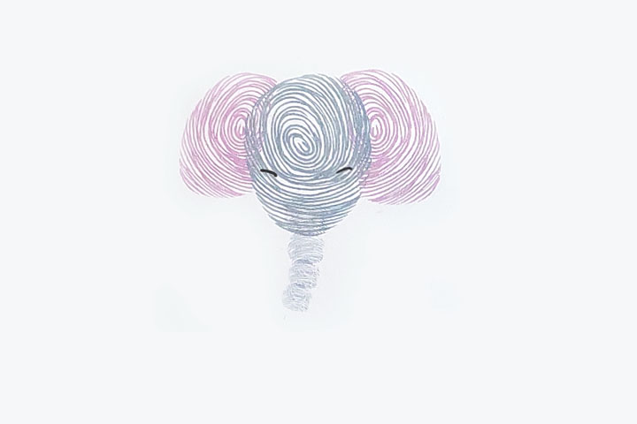 步骤2：用大拇指用力地点一个大的指印作大象的头，再印上大象的另外一只耳朵和长鼻子。