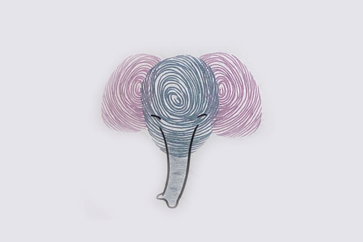 步骤3：画上大象的眼睛，勾上长长的线条作长鼻子。