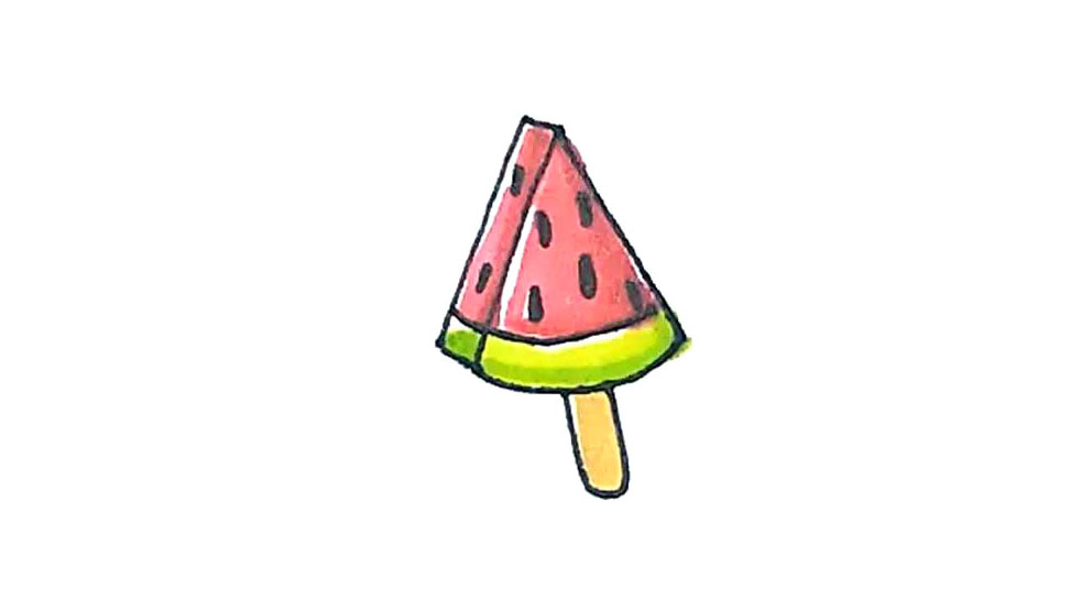 步骤5：最后涂上漂亮的颜色，西瓜冰棒就画好了。