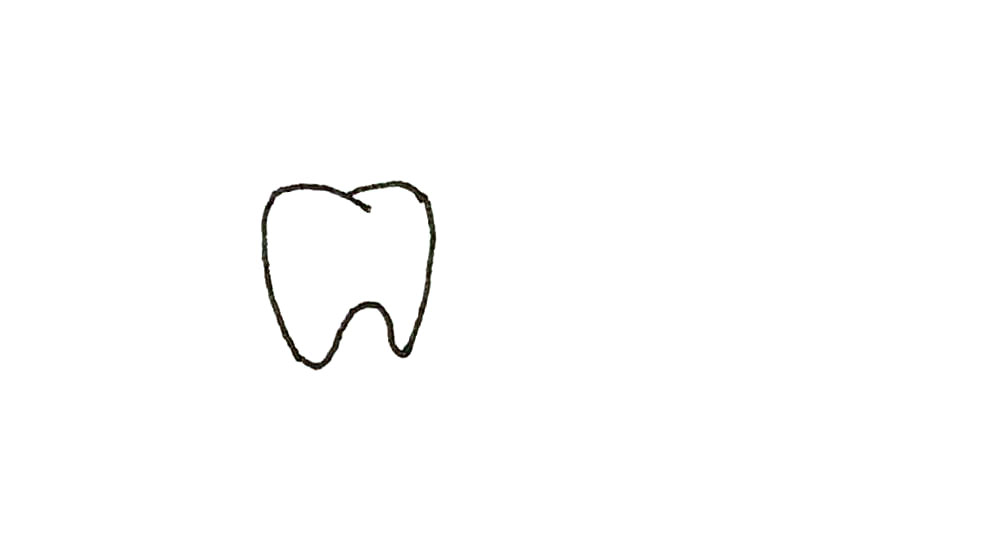 步骤3：下面，再画上一条凸上去的曲线作为牙根。