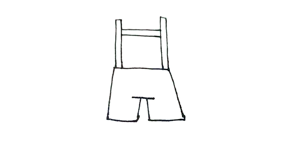 步骤3：上面，再画上两给竖的长条和一个横的长条形成背带。