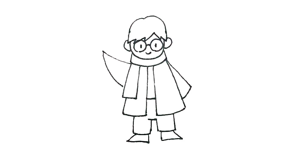 步骤8：左右两边，画下来两条斜线再用弧线连接作为袖子。