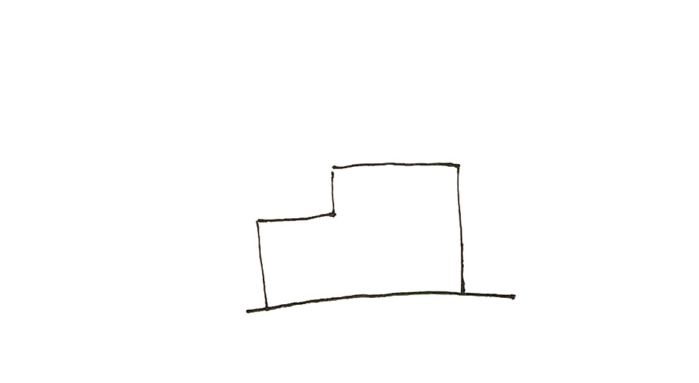 步骤1：先画上一条横线，上面画上方形组合的工厂。