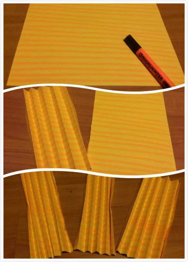 步骤3：如图，在另一张深黄色纸上用荧光笔画上横线，并折叠。