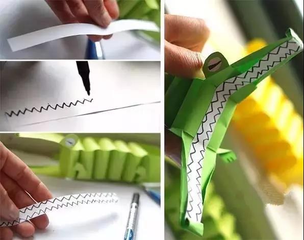 步骤9：用剩余纸条做鳄鱼眼睛，在白色纸条上画出牙齿粘在嘴巴内侧