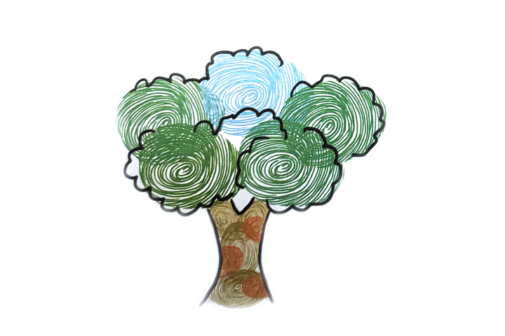 步骤3：勾出树干的轮廓，在树干上印几个半个的指印，勾出树叶的轮廓。