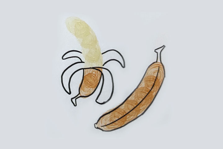 步骤4：画出香蕉的轮廓、露出的果肉和香蕉皮。