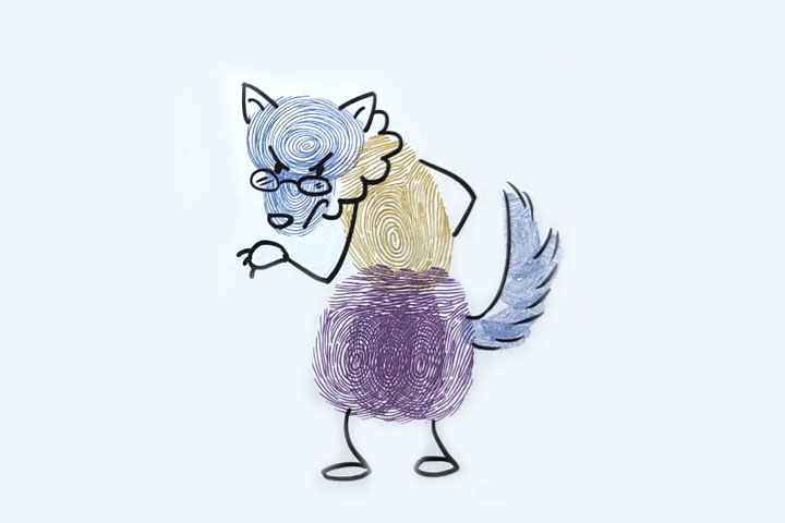 步骤4：画外婆的眼镜、两只尖耳朵、衣领、前腿和爪子、后腿和尾巴的轮廓。