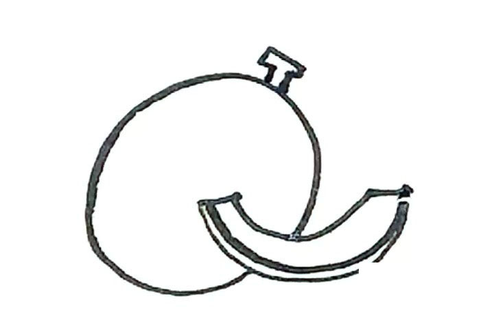 步骤4：在椭圆形上面画上一个“T”型的纸条并在刚刚的弧型里面再画上一条弧线。