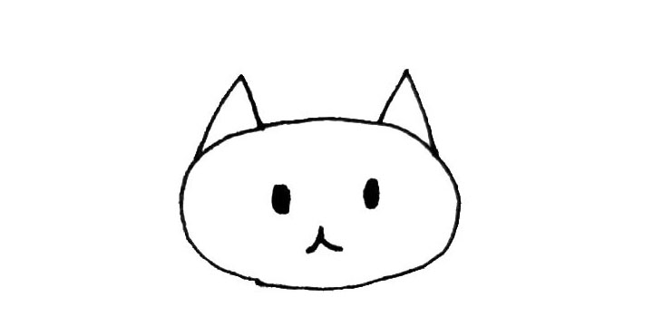 步骤2：在脑袋上面画上三角形的耳朵，里面点上小黑点的眼睛和用“人”来代替嘴巴。