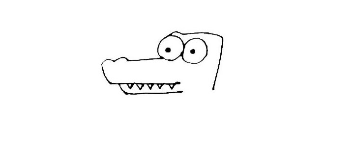 步骤3：中间也画上一条横线，用竖线连接上下的横线，中间横线画上小牙齿，以及在眼睛后画上一个直角形成鳄鱼的头。