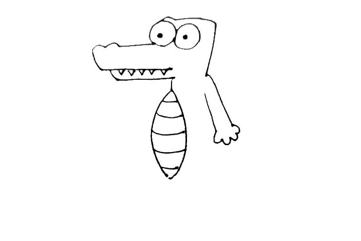 步骤5：给鳄鱼画上手，用两条竖线来表示，再用波浪线来画出手指。