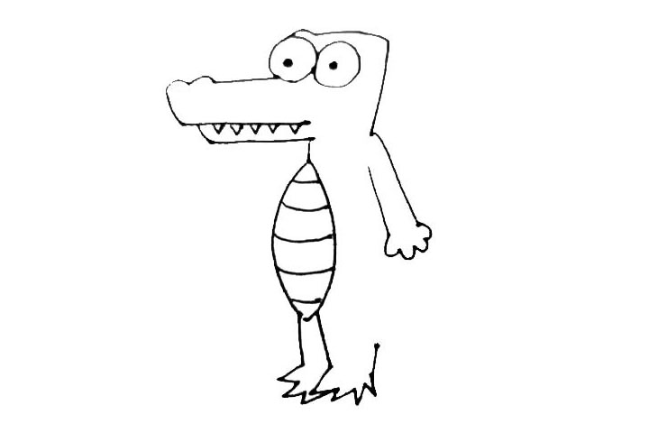 步骤6：从鳄鱼肚子下画下两条线形成鳄鱼的腿，用小折线来表示脚掌。