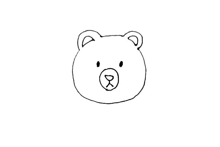 步骤3：在圆形里面，点上两个小眼睛，下面画上一个椭圆，椭圆里面画个倒三角形的鼻子和“人”型的嘴巴。