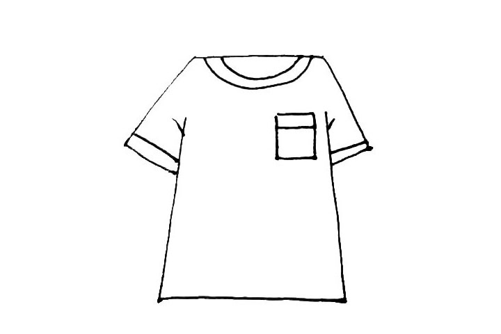 步骤4：在领口下面，画上一个方形的口袋，在两边的袖口加上一条横线，作为装饰。