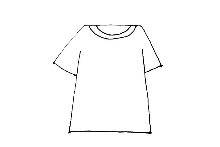 步骤3：在上面那条横线中间，画上两条半圆的线，作为领口。