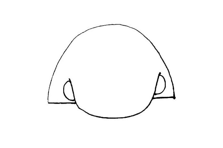 步骤2：在下面的半圆旁边画上两个半圆的耳朵，以及画上一条横线连接两个半圆。