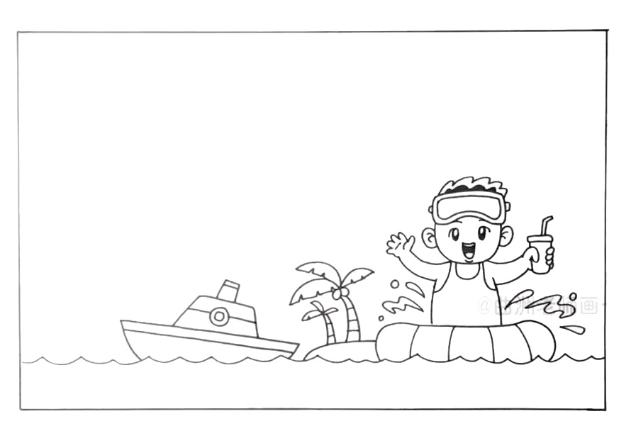 步骤3：海面上画上椰子树和游艇。