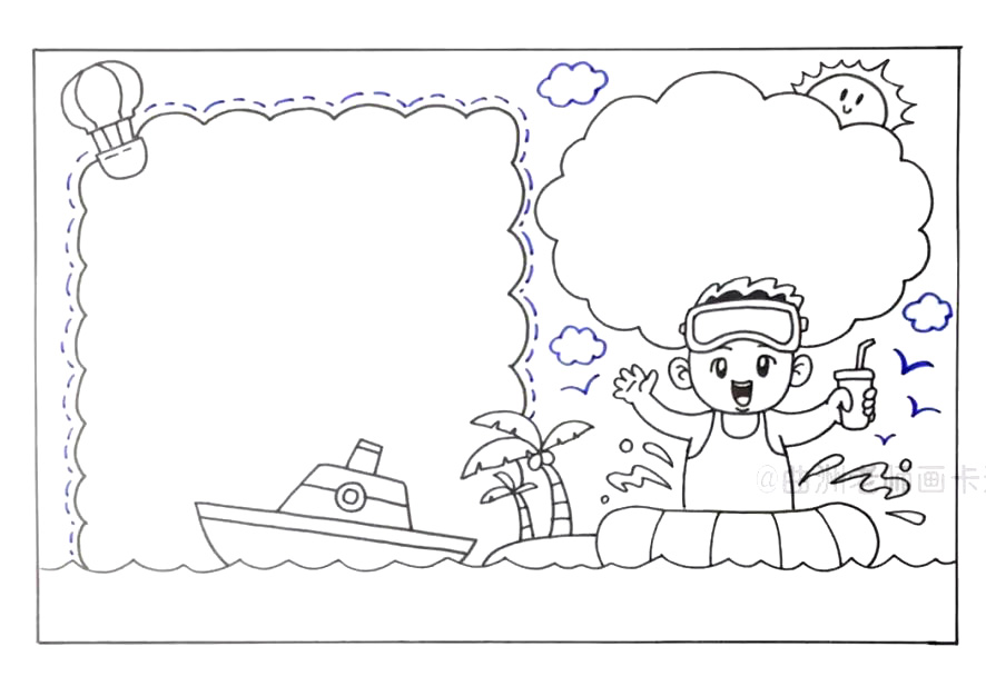 步骤5：画上一些白云和海鸥。