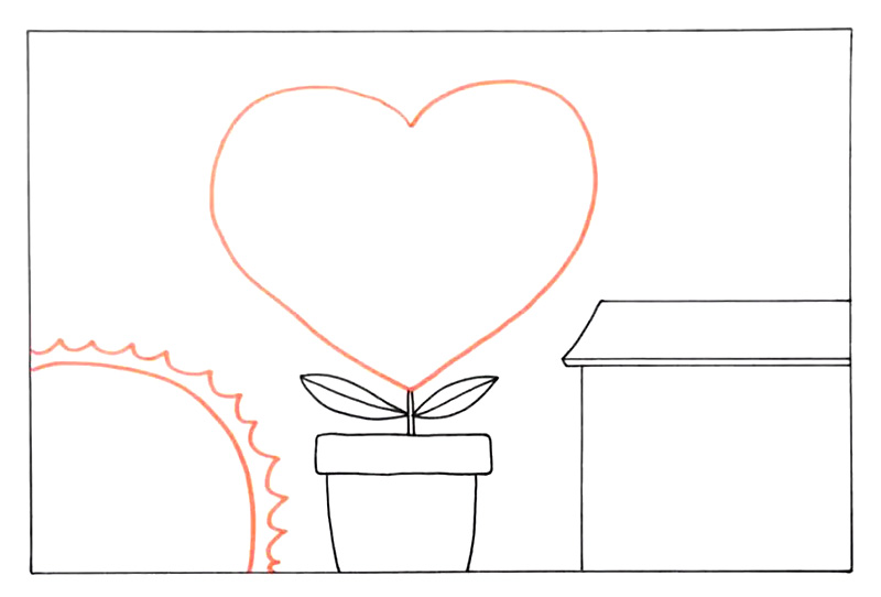 步骤2：桃心下面画上一个盆栽，左下角画出半圆边框，右边画出一座房子的轮廓。