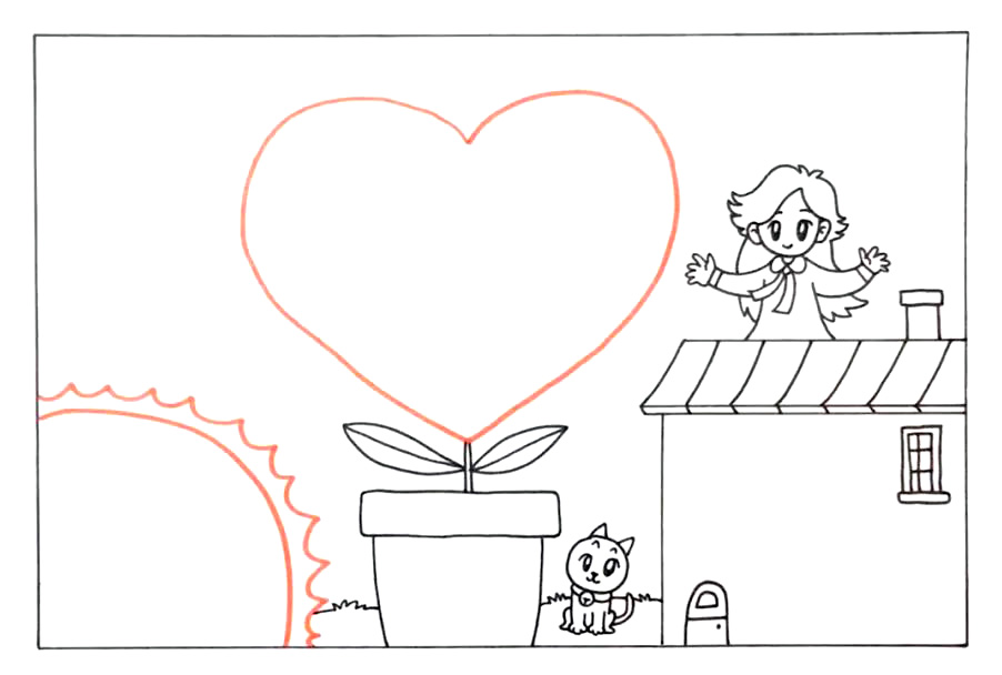 步骤3：完善房子的细节，在房子上方画出小女孩，盆栽旁边画一只可爱的小猫。