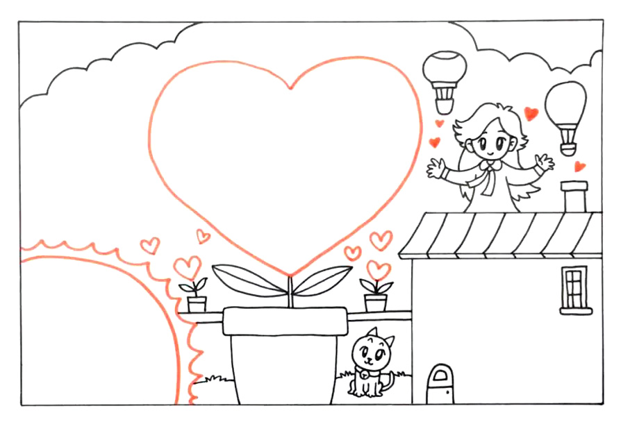 步骤4：空白的地方画一些边框、热气球、小盆栽、桃心等装饰元素。