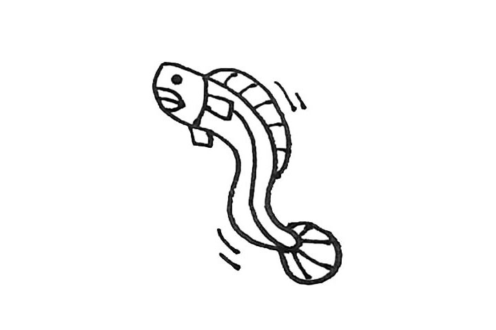 步骤6：画出嘴巴，以及在身子周围加上动态的短弧线。