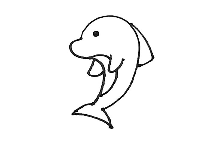 步骤5：接着再点上眼睛，以及在背部画上弧线的鱼鳍。