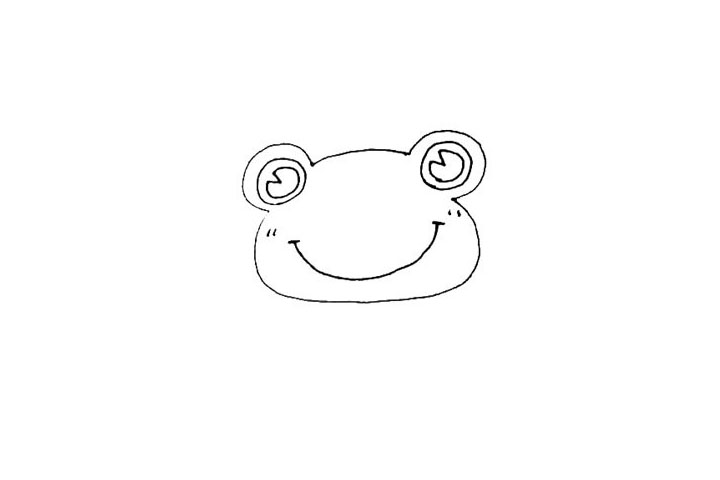 步骤2：在缺口处，画上半圆，并在里面再画上一个圆。在圆形的里面，画上一个有缺口的圆形作为青蛙王子的黑眼珠，下面画上一个大弧线的微笑。